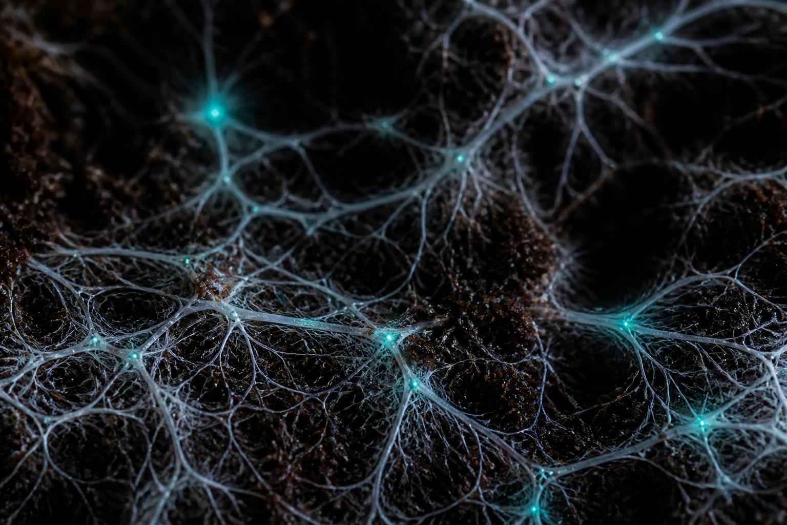 Macro photograph of white mycelial filaments threading through dark forest soil with faint blue-green luminescence at junctions