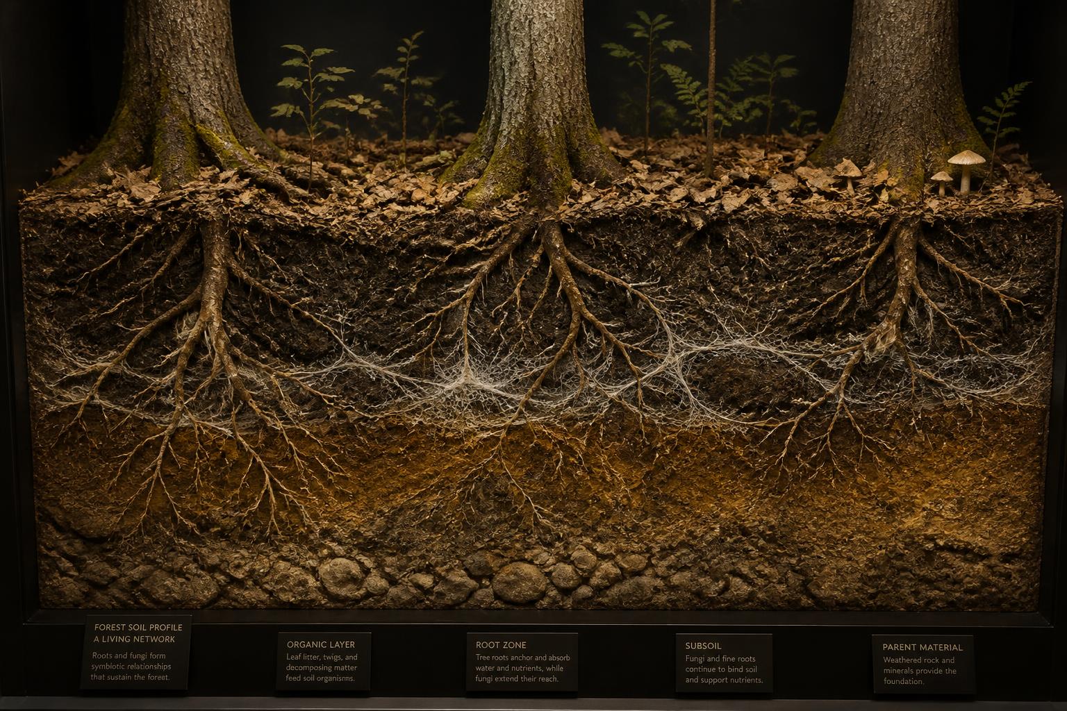 Cross-section of forest soil showing tree root systems interlaced with pale fungal networks
